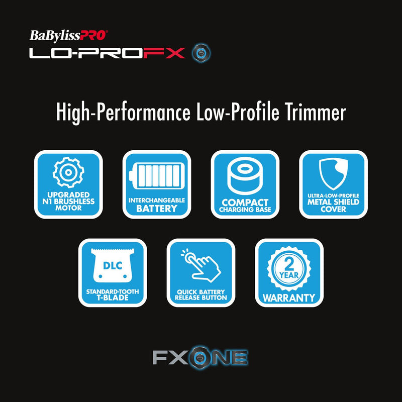 BaBylissPRO LO-PRO FX FXONE high-performance low-profile trimmer features on a black background.