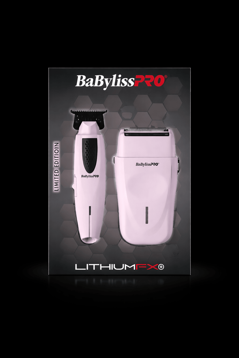BaBylissPRO Lithium FX3 packaging with hair trimmer and shaver on a black background