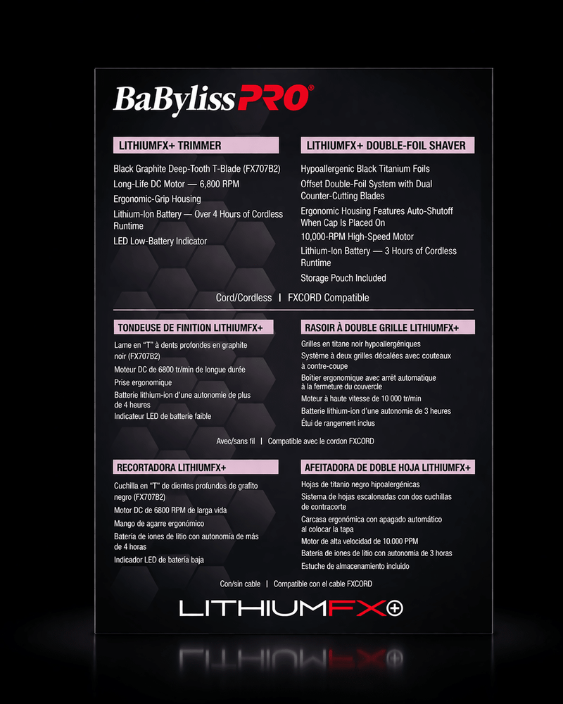 BaBylissPRO LithiumFX+ product details on a black background