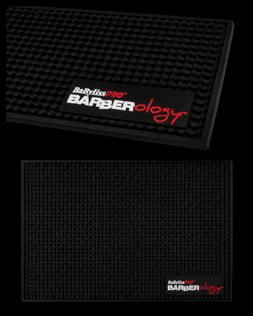 Black mat with Babyliss Pro Barberology logo on a black background