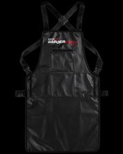 Black apron with 'Barberology' logo on a white background