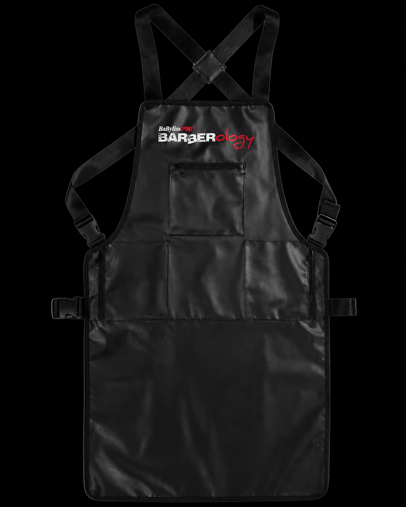 Black apron with 'Barberology' logo on a white background