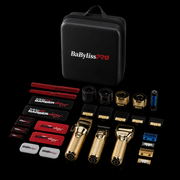BaBylissPRO BBPROCASE travel case with full kit contents including clippers, trimmers, shaver, guards, blades, and charging base