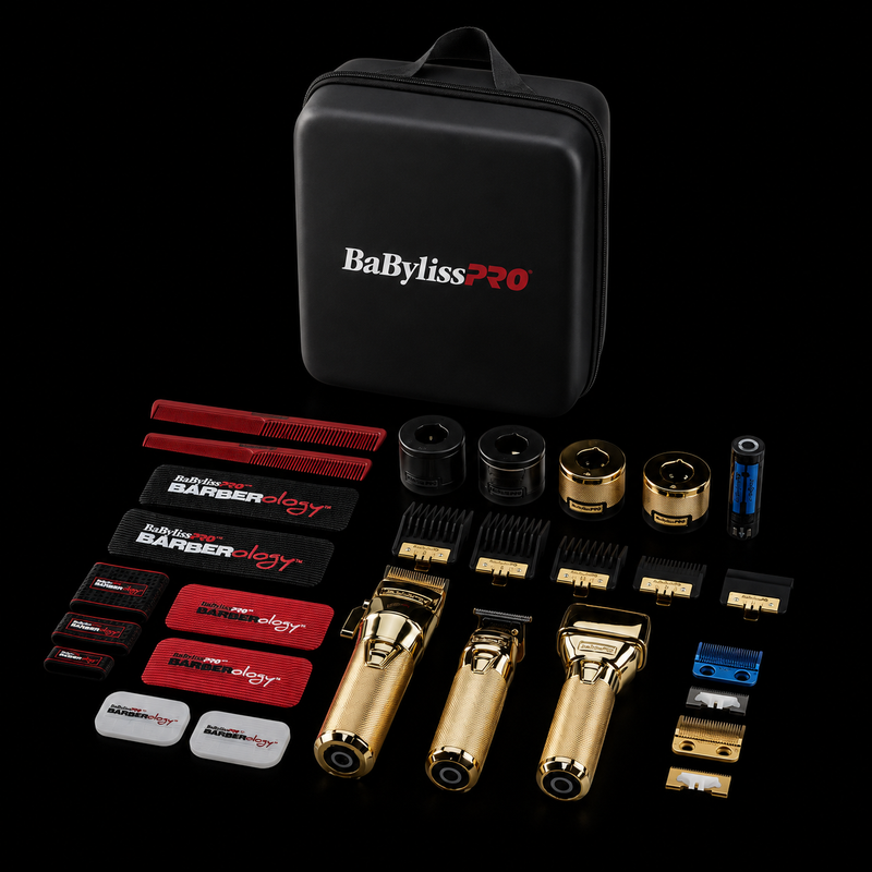 BaBylissPRO BBPROCASE travel case with full kit contents including clippers, trimmers, shaver, guards, blades, and charging base