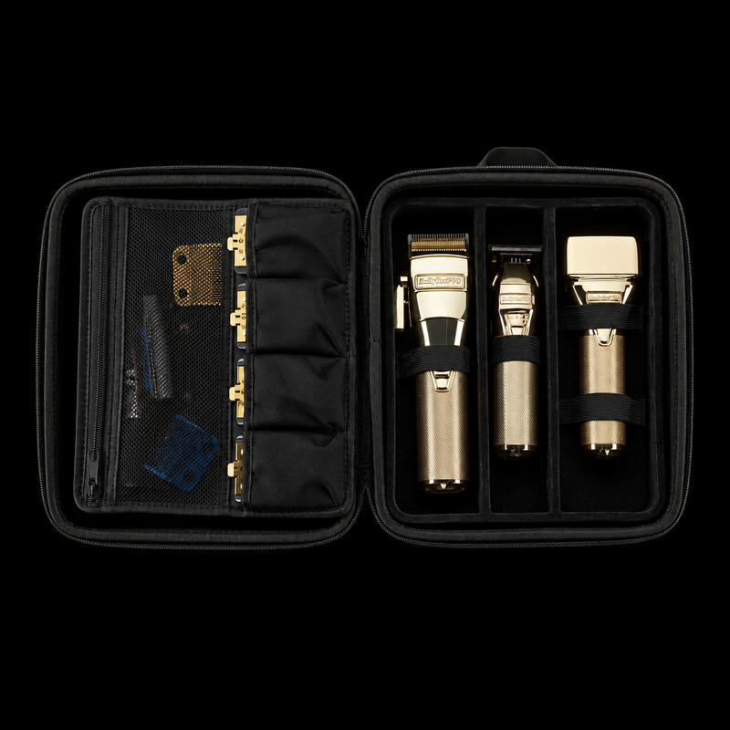 BaBylissPRO BBPROCASE travel case interior open with three gold BaBylissPRO tools secured in padded compartments