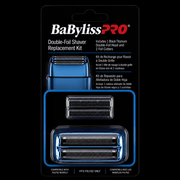 BaBylissPRO double-foil shaver replacement kit packaging on a black background