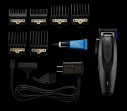 BaBylissPRO LithiumFX Matte Black Cordless Clipper – trimmer set with attachments and accessories on black background