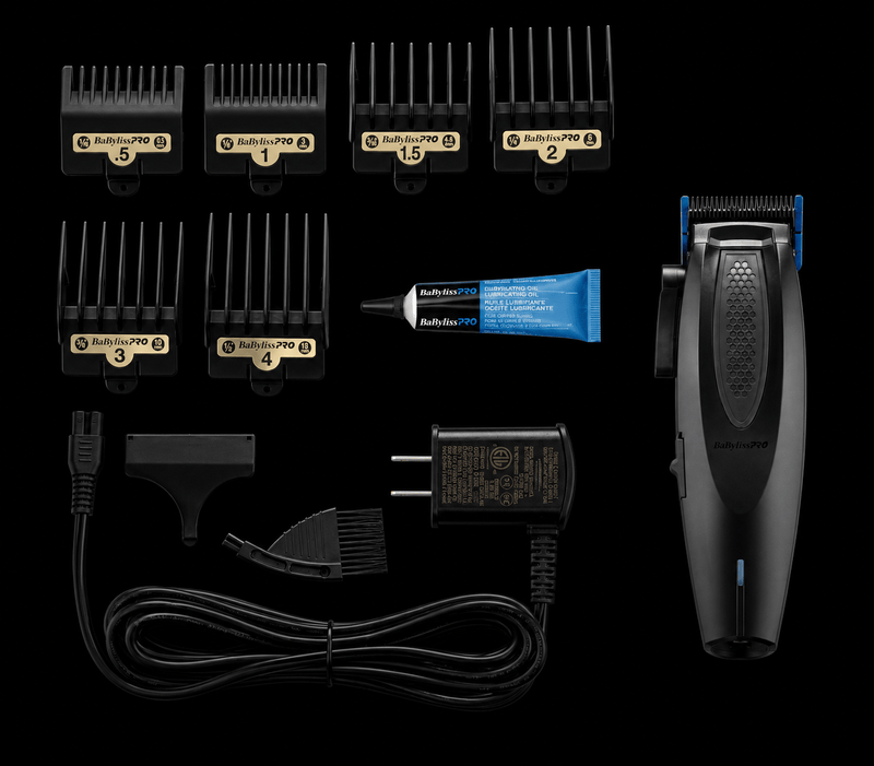 BaBylissPRO LithiumFX Matte Black Cordless Clipper – trimmer set with attachments and accessories on black background