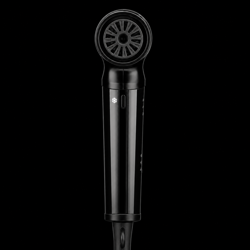 BaBylissPRO BNTC9200MB Matte Black dryer - front nozzle end vertical view with cool shot button