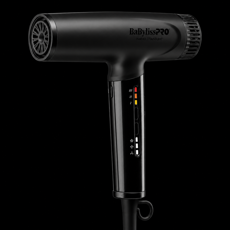 BaBylissPRO BNTC9200MB Matte Black dryer - rear intake grille and control panel side view