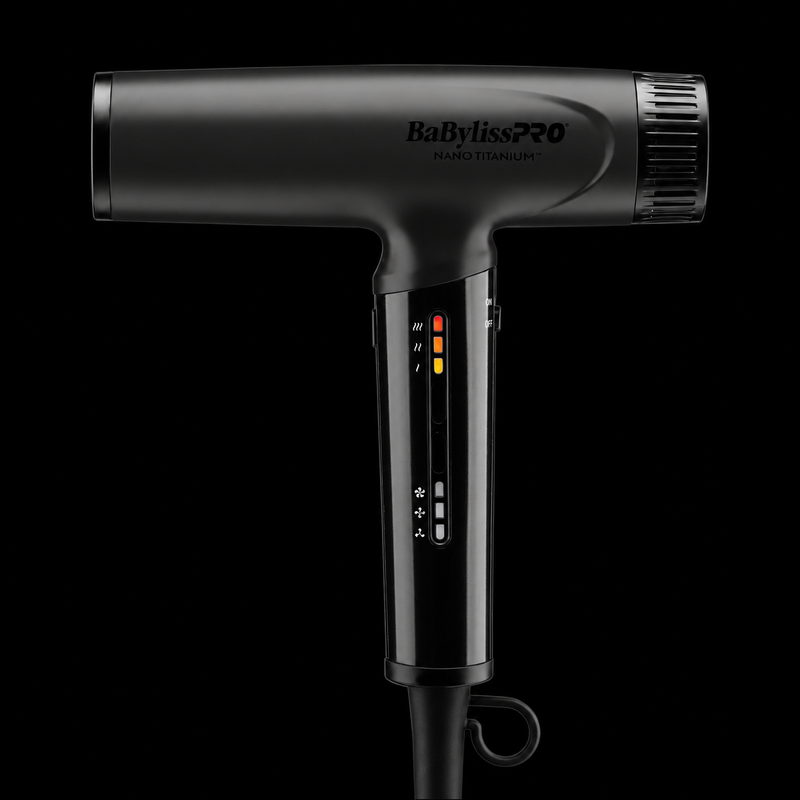 BaBylissPRO Nano Titanium Matte Black Hair Dryer BNTC9200MB - left side profile showing matte black body and LED heat settings