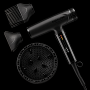 BaBylissPRO BNTC9200MB Matte Black dryer flat lay with concentrator nozzle, wide-tooth pick, and finger diffuser attachments