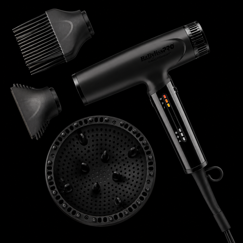 BaBylissPRO BNTC9200MB Matte Black dryer flat lay with concentrator nozzle, wide-tooth pick, and finger diffuser attachments