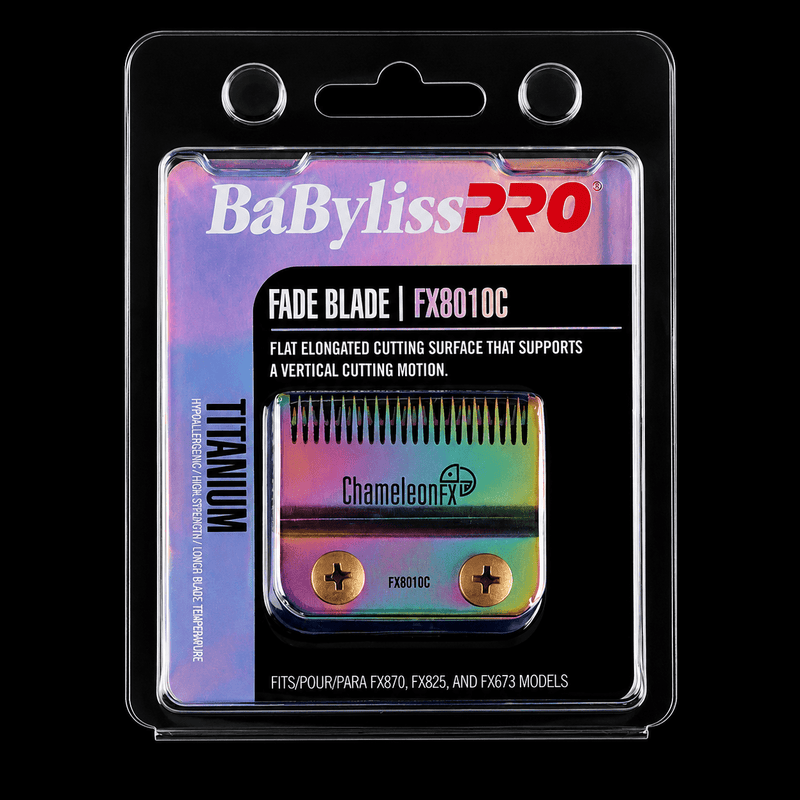 BaBylissPRO fade blade packaging with colorful design on a black background