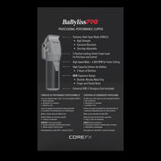 BaByliss PRO COREFX Clipper FX86 - retail packaging back with product features and specifications