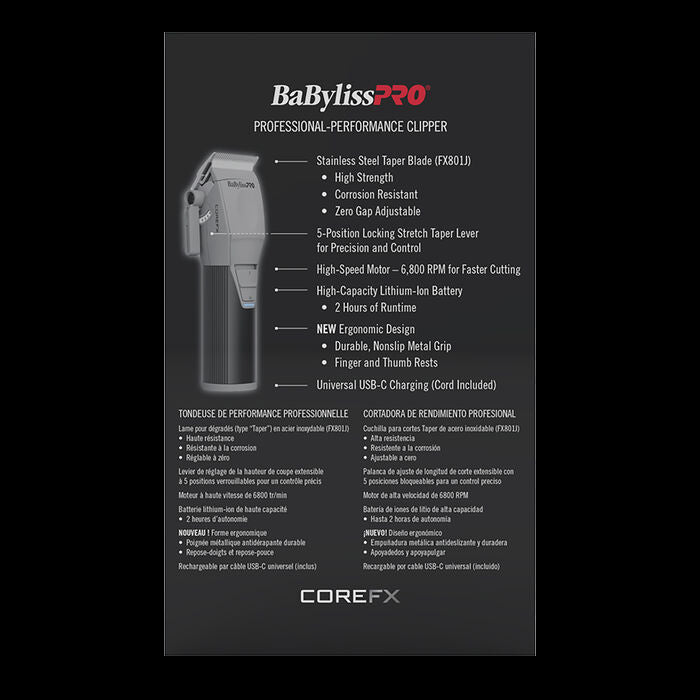 BaByliss PRO COREFX Clipper FX86 - retail packaging back with product features and specifications