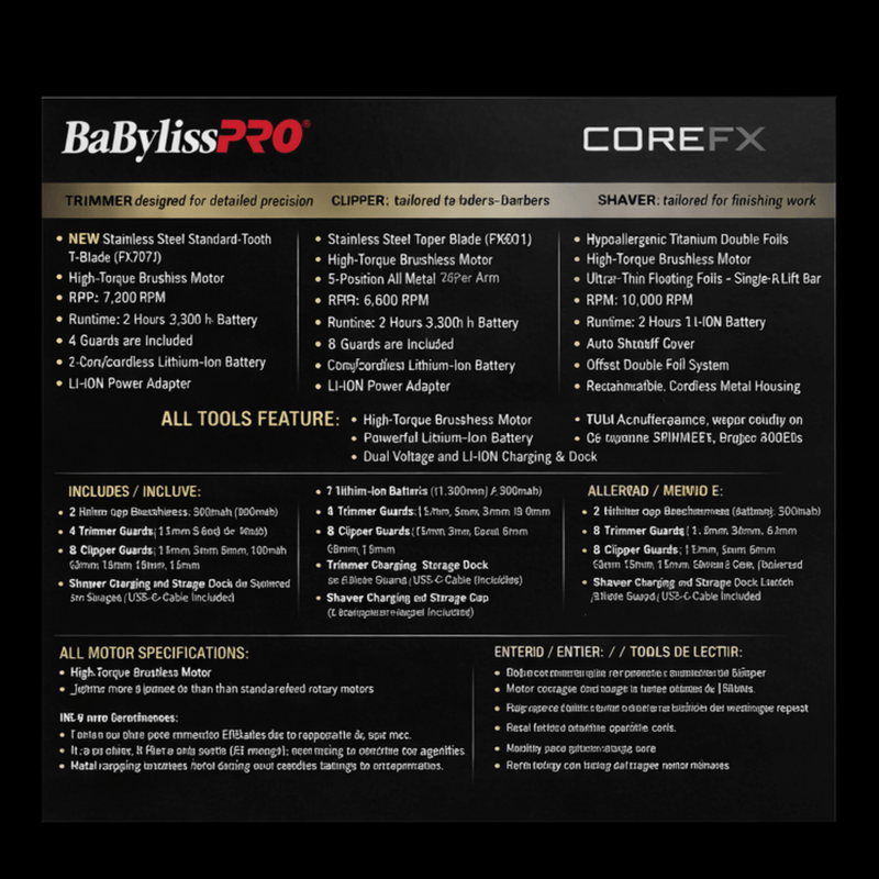 BaBylissPRO CoreFX product specifications on a black background