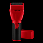 BaByliss PRO COREFX Limited Edition Double-Foil Shaver Red FX75FS2RD - angled view with cap removed showing hypoallergenic titanium double foils