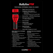 BaByliss PRO COREFX Limited Edition Double-Foil Shaver Red FX75FS2RD - retail packaging back with product features and specifications
