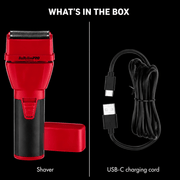 BaByliss PRO COREFX Limited Edition Double-Foil Shaver Red FX75FS2RD - what's in the box: shaver with magnetic cap and USB-C charging cord