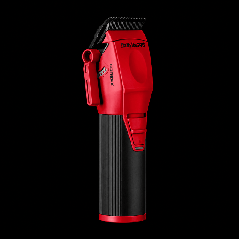 BaByliss PRO COREFX Limited Edition Clipper Red FX86RD - angled side view showing COREFX branding and 5-position taper lever