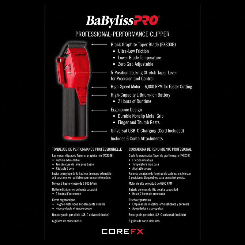 BaByliss PRO COREFX Limited Edition Clipper Red FX86RD - retail packaging back listing Black Graphite Taper Blade FX803B, 6,800 RPM motor, and 2-hour runtime