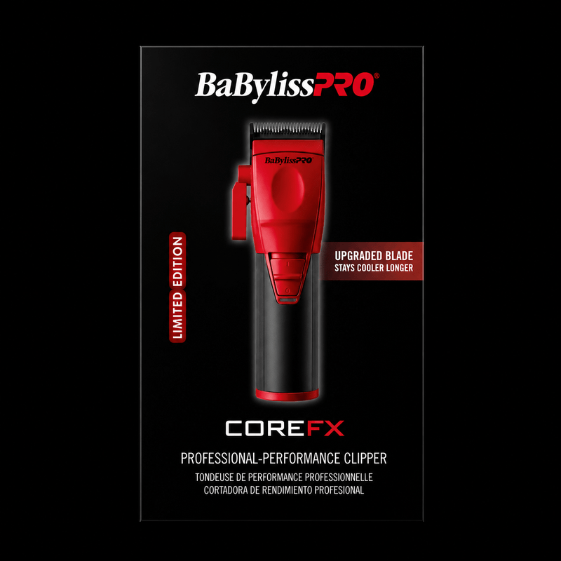 BaByliss PRO COREFX Limited Edition Clipper Red FX86RD - retail packaging front with Limited Edition and Upgraded Blade Stays Cooler Longer callouts