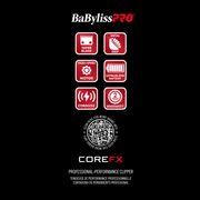 BaByliss PRO COREFX Limited Edition Clipper Red FX86RD - retail packaging side panel with taper blade, metal grip, and 2-year warranty badges
