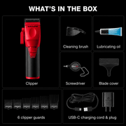 BaByliss PRO COREFX Limited Edition Clipper Red FX86RD - what's in the box: clipper, cleaning brush, lubricating oil, screwdriver, blade cover, 6 clipper guards, USB-C charging cord and plug