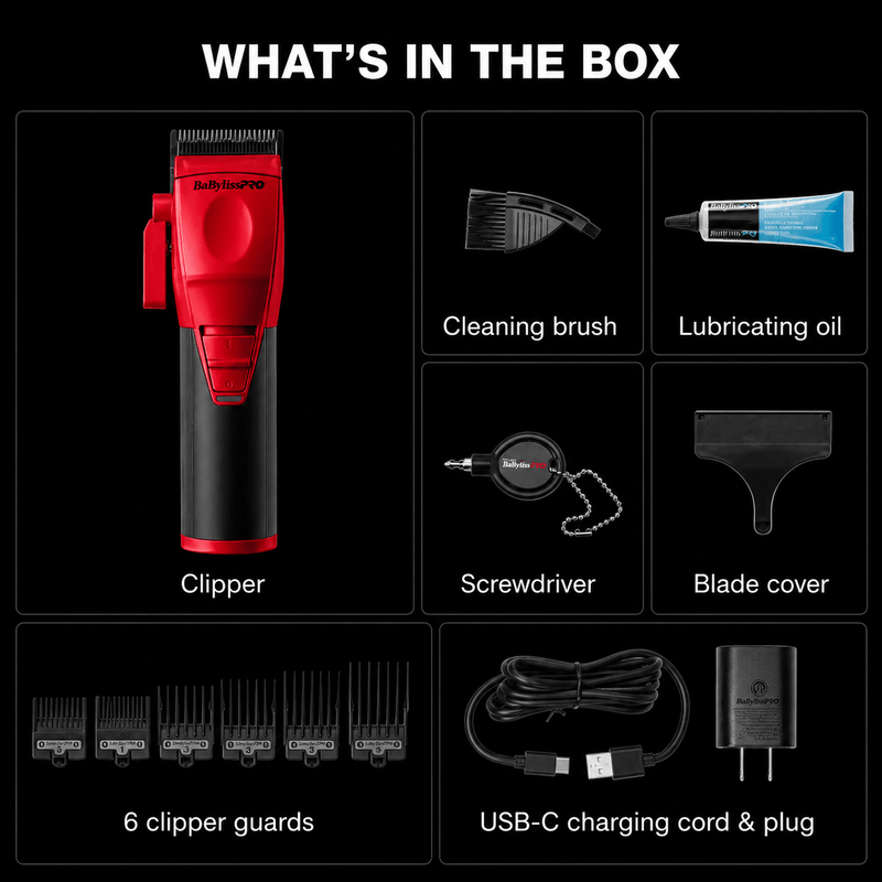 BaByliss PRO COREFX Limited Edition Clipper Red FX86RD - what's in the box: clipper, cleaning brush, lubricating oil, screwdriver, blade cover, 6 clipper guards, USB-C charging cord and plug