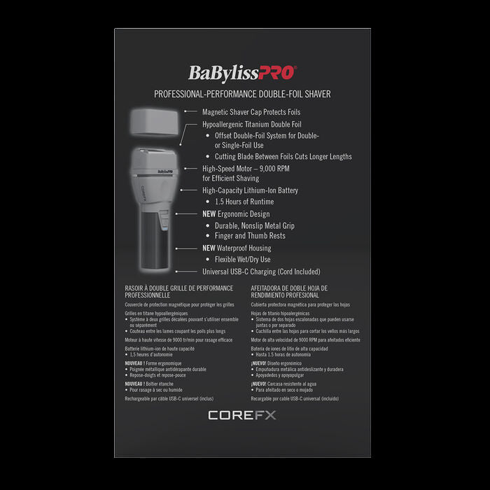 BabylissPro Core FX double-foil shaver packaging with specifications on a black background