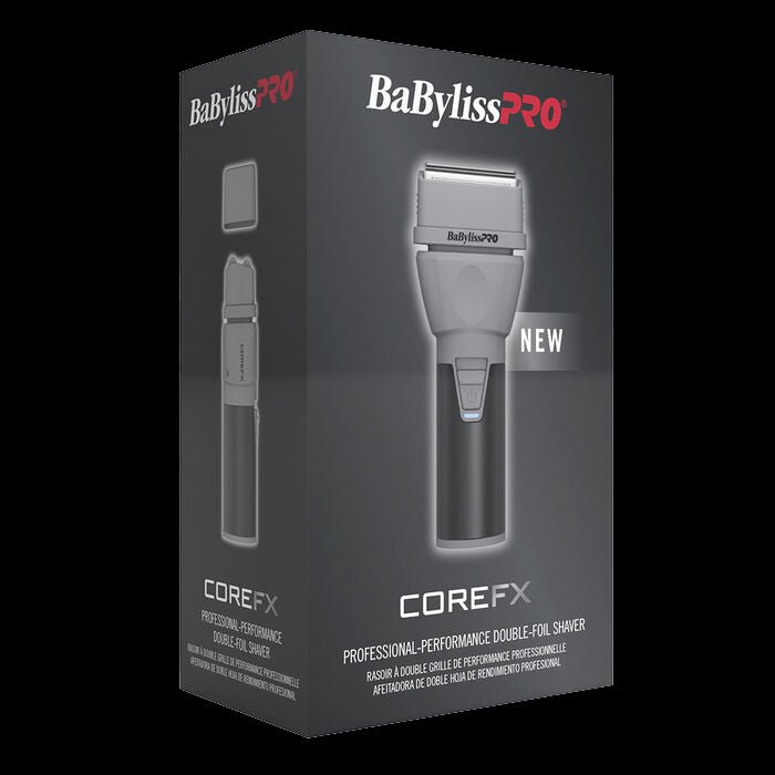 BaBylissPRO CoreFX shaving product packaging on a black background