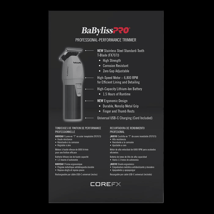 BaBylissPRO hair trimmer with features listed on a black background