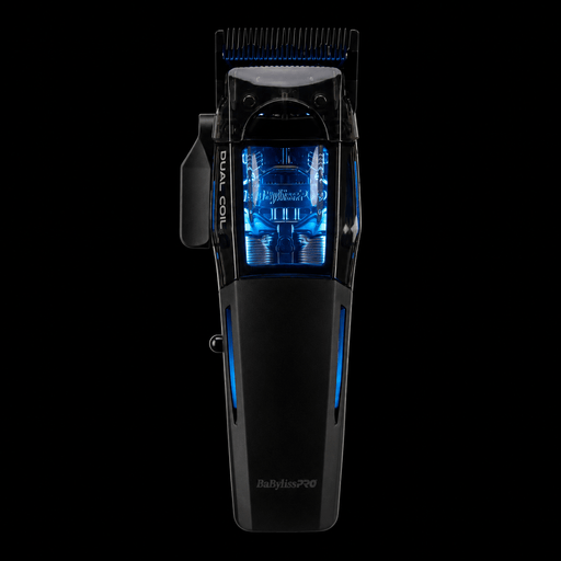 BaBylissPRO Dual Coil Cordless Clipper FX95C with blue illuminated dual coil motor and black titanium blade