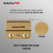 BaBylissPro gold titanium fade blade with text on a gray background