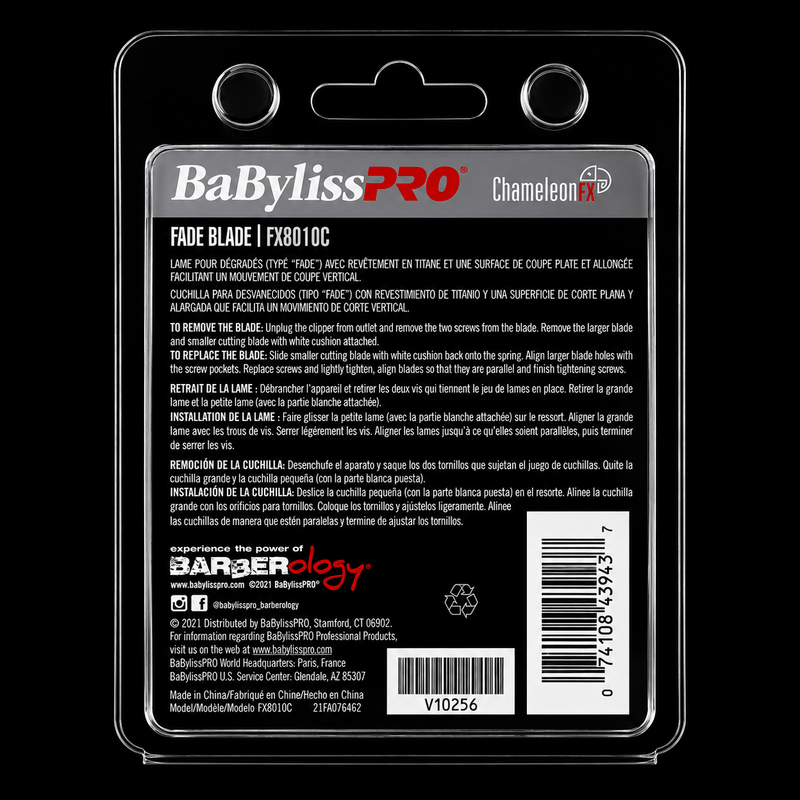 Back of a BaBylissPRO Chameleon FX blade packaging with text and branding.