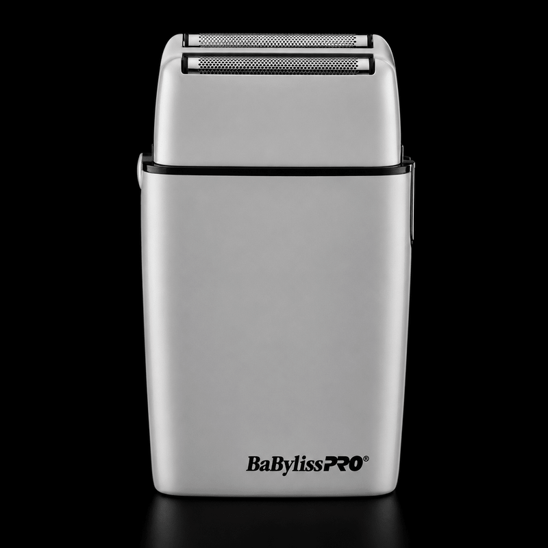 BaBylissPRO FOILFX02 Grey cordless metal double-foil shaver front view on black background