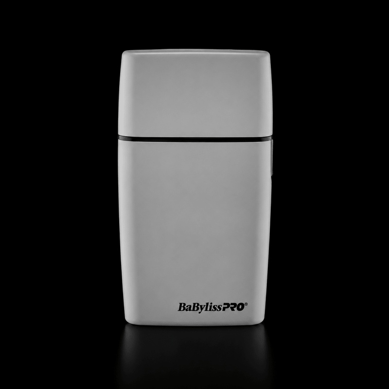 BaBylissPRO FOILFX02 Grey cordless metal double-foil shaver angle view on black background