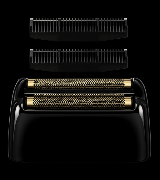 Black and gold electric shaver with interchangeable heads on a black background