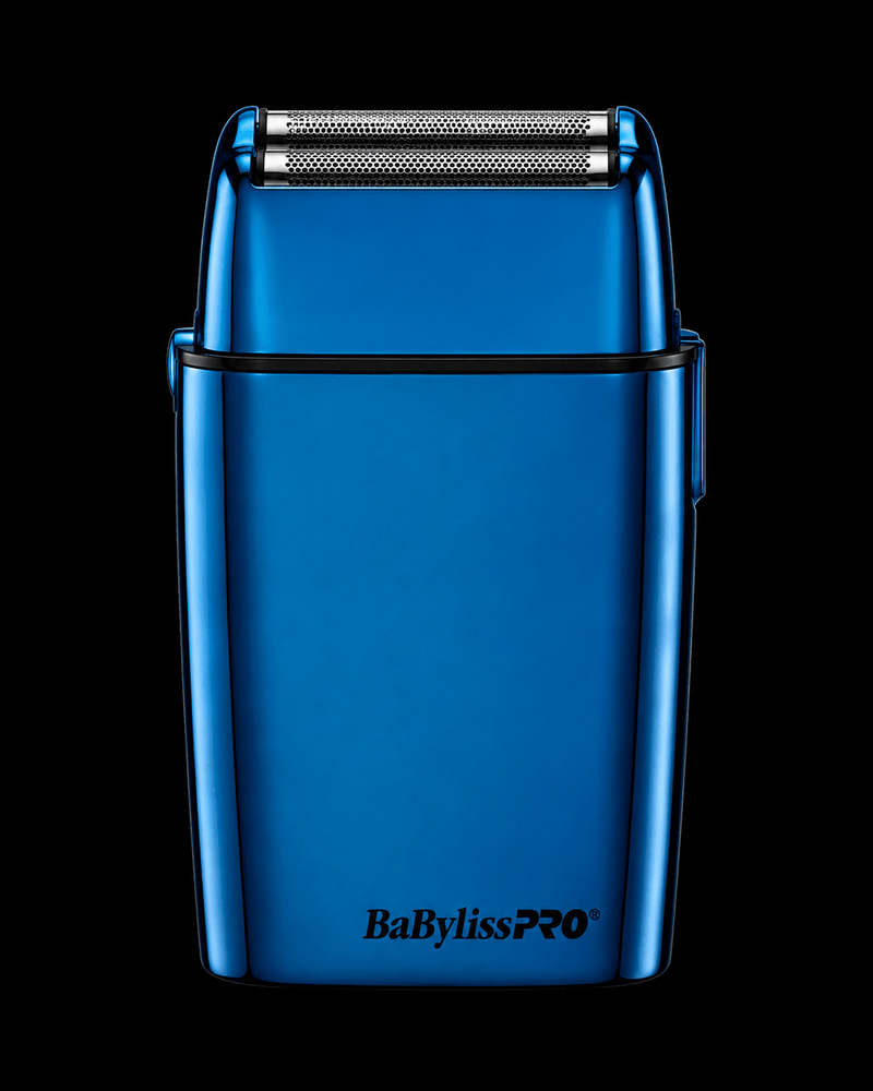 BaBylissPRO FOILFX02 Blue Cordless Metal Double-Foil Shaver – back view on black background