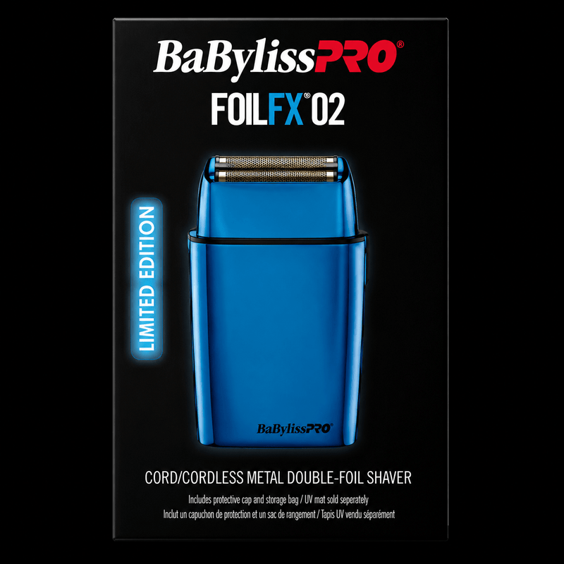 BaBylissPRO FOILFX02 Blue Cordless Double-Foil Shaver – side view on black background