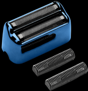 Blue electric shaver head with three additional shaver heads on a black background