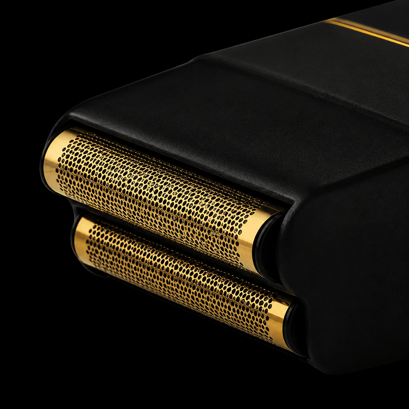 Close-up of a black and gold electric shaver on a black background