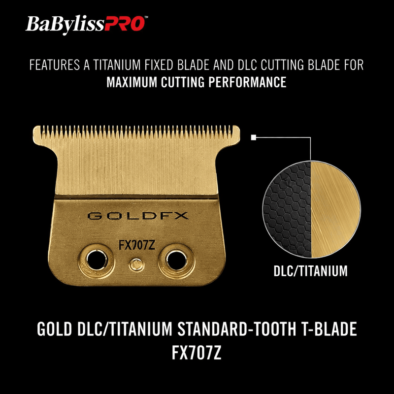 BaBylissPRO GoldFX hair cutting blade with DLC/Titanium finish on a black background