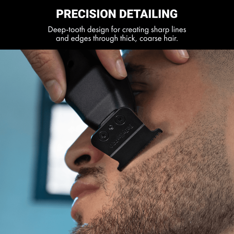 BaBylissPRO Deep-Tooth MIM T-Blade FX7095B – barber using blade for precision detailing and sharp lineups