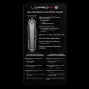 Lo-Pro FX high-performance low-profile trimmer packaging with product details on a black background