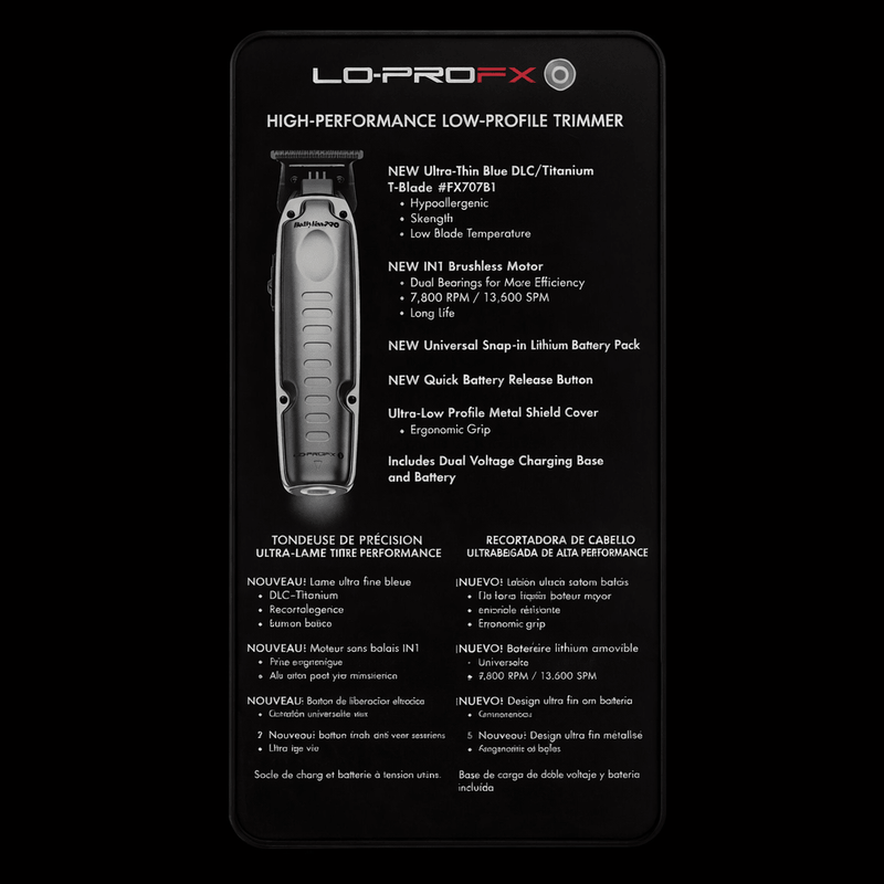 Lo-Pro FX high-performance low-profile trimmer packaging with product details on a black background