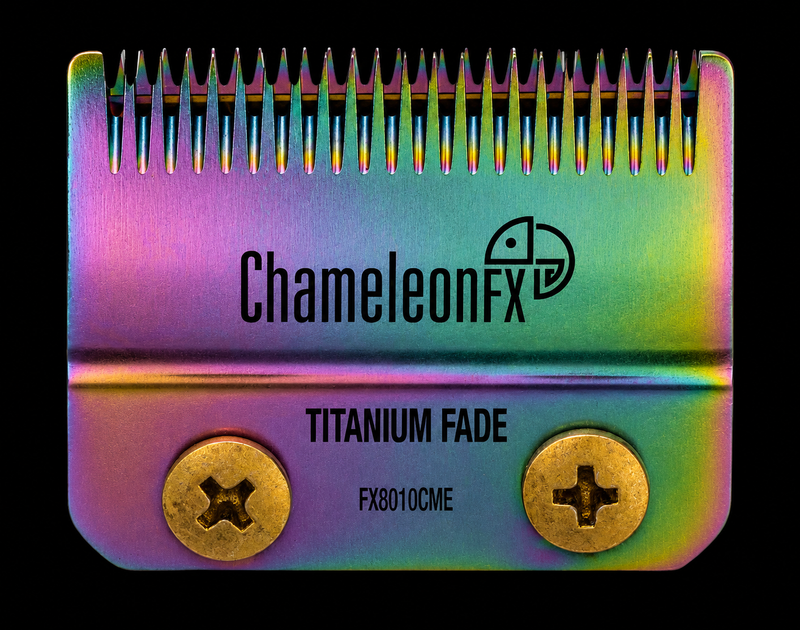 ChameleonFX titanium fade comb with colorful gradient on a black background