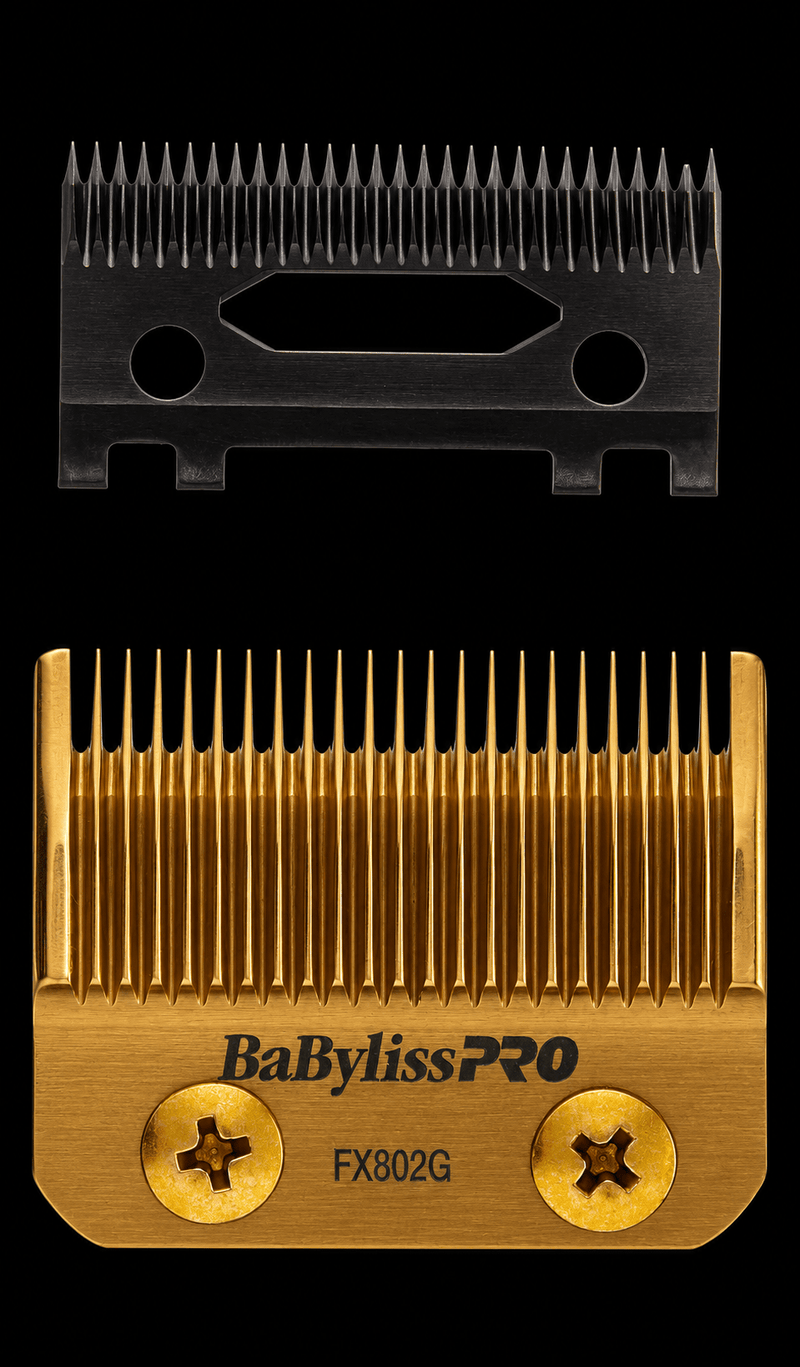 BaBylissPRO FX802G Gold DLC Titanium Taper Replacement Blade – blade set on black background
