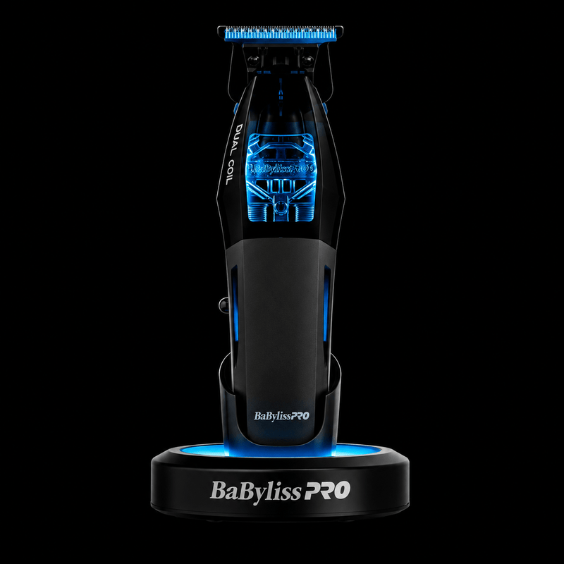 BaBylissPRO FX95T Dual Coil cordless trimmer with charging stand and illuminated blue motor display